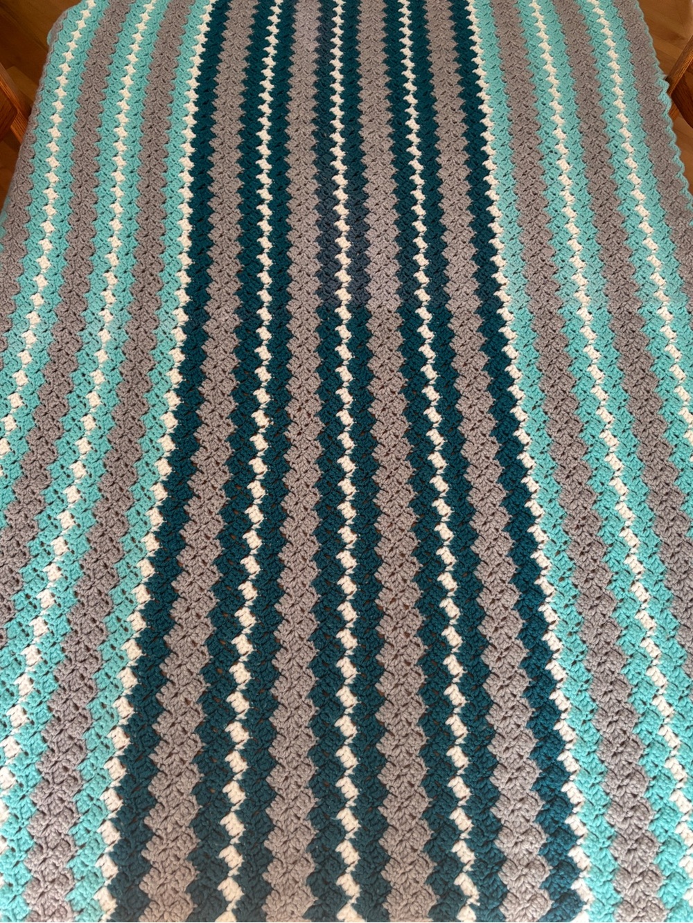Vintage Handmade Crochet Gray, Aqua and Teal Throw Blanket Afghan Scalloped Edge - Picture 2 of 6